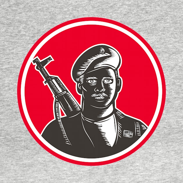 Paramilitary Wearing Beret Rifle Woodcut by retrovectors